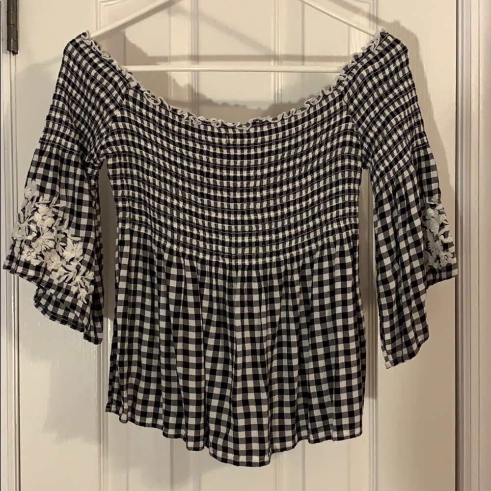 Smocked Off The Shoulder Embroidered Blouse